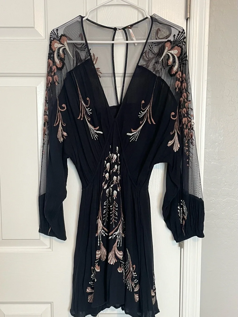 Free People Black Embroidered V-Neck Long-Sleeve Dress